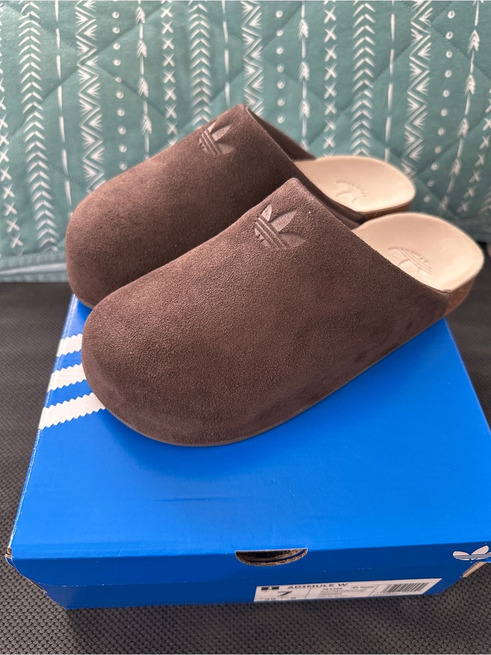 NWB: WMS size 7. adidas Brown Suede-Slide Mules with Trefoil Accent